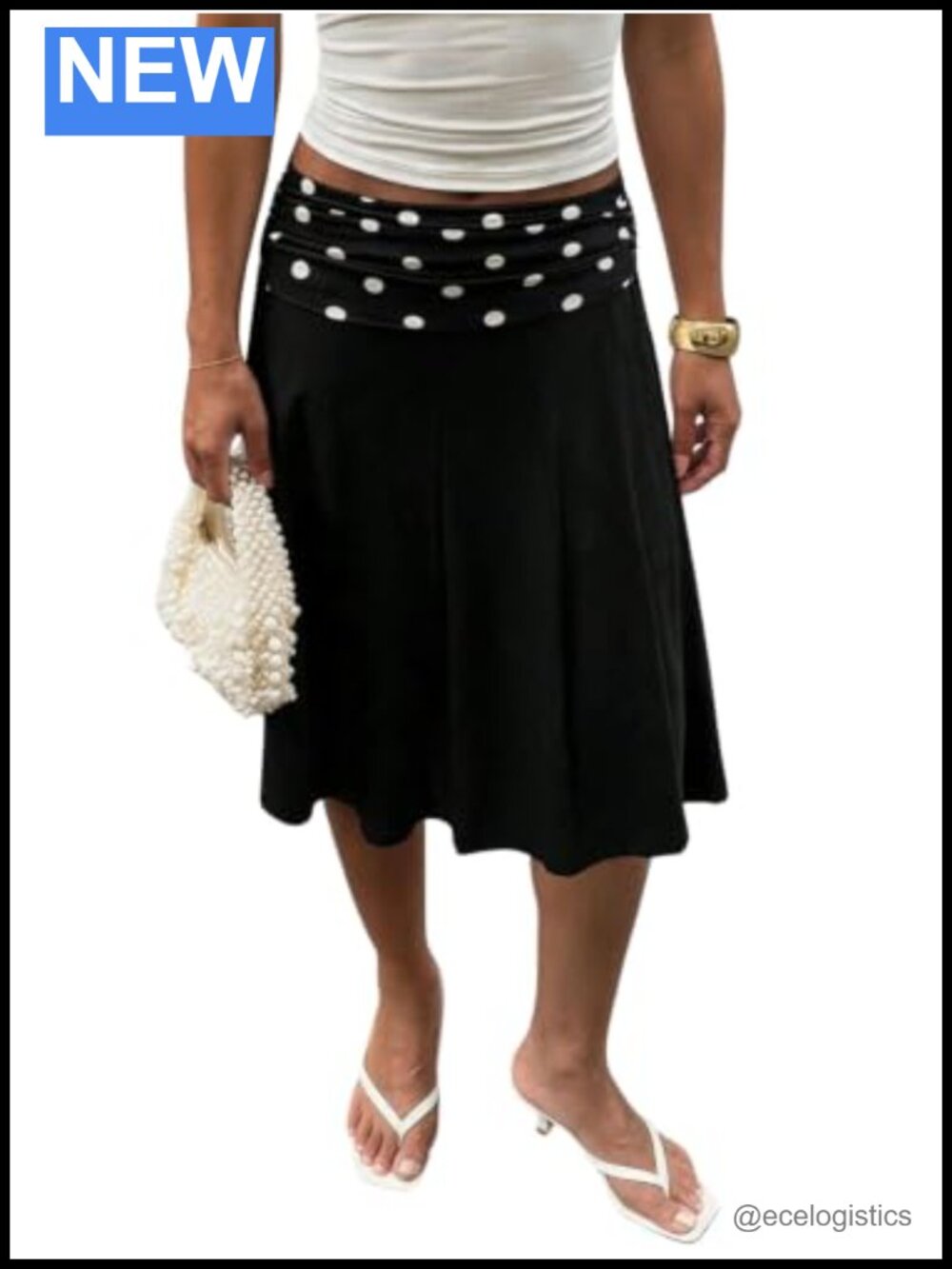Verdusa Womens Polka Dots Midi A-Line Flowy Skirt Fold Over Business Casual
